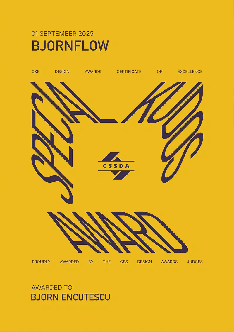 Certificat de excelență CSS Design Awards pentru Bjornflow, acordat lui Bjorn Encutescu, cu text stilizat pe un fundal galben muștar.
