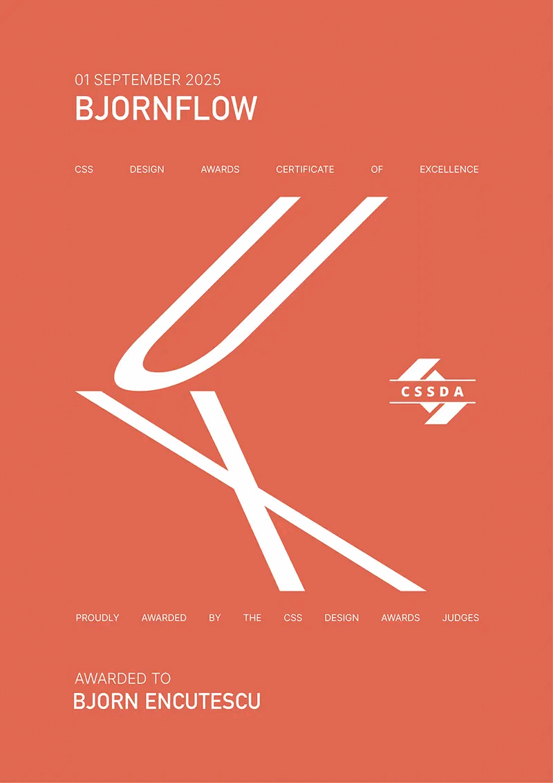 Certificat de excelență din 1 septembrie 2025, acordat de CSS Design Awards lui Bjorn Encutescu, cu litere albe mari și stilizate, „UX”, pe un fundal roșu.