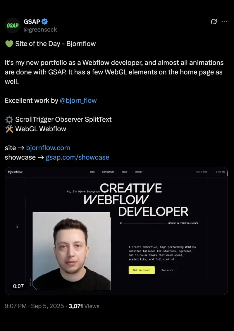 Tweet de la GSAP care prezintă portofoliul de dezvoltator Webflow al Bjornflow, cu o previzualizare a site-ului, un portret și text despre site-uri Webflow imersive și de înaltă performanță.